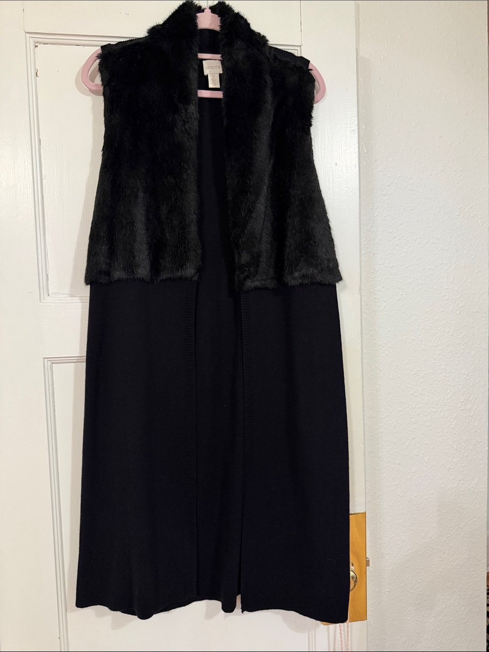 Chico's Black Faux-Fur Trim Maxi Vest